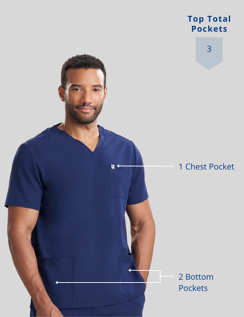 Functional and stylish men&#39;s V-neck scrub top in royal blue, part of a limited edition collection, featuring three pockets