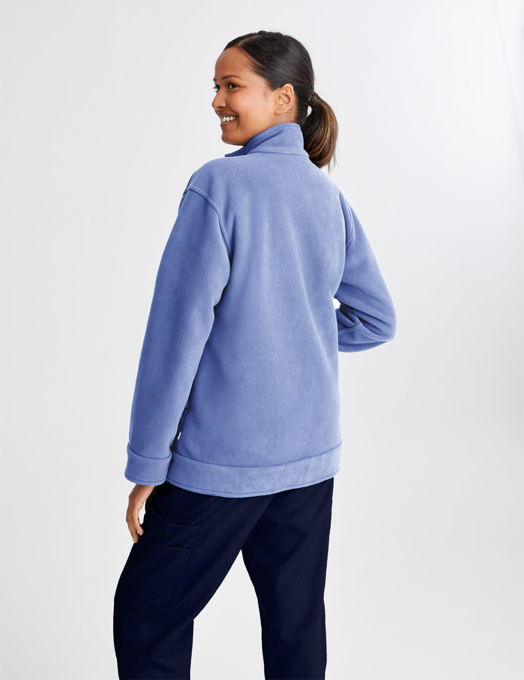 Stylish navy and ceil women&#39;s fleece jacket, designed for comfort and reversible wear