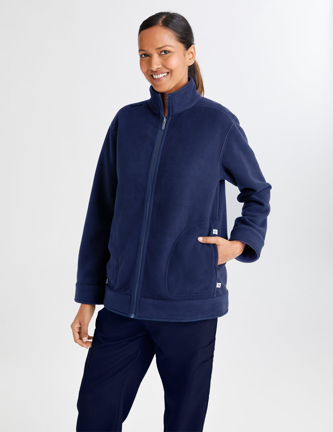 Comfortable women&#39;s fleece jacket in navy and ceil, combining two colors for easy styling