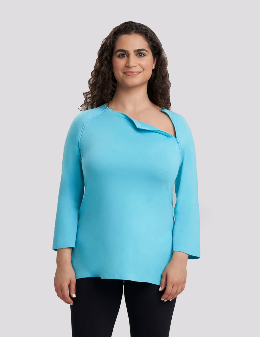 Soft and chic plum Women's Chest Port Access Shirt by Care+Wear, perfect for professionals and everyday wear. Model is wearing size Small